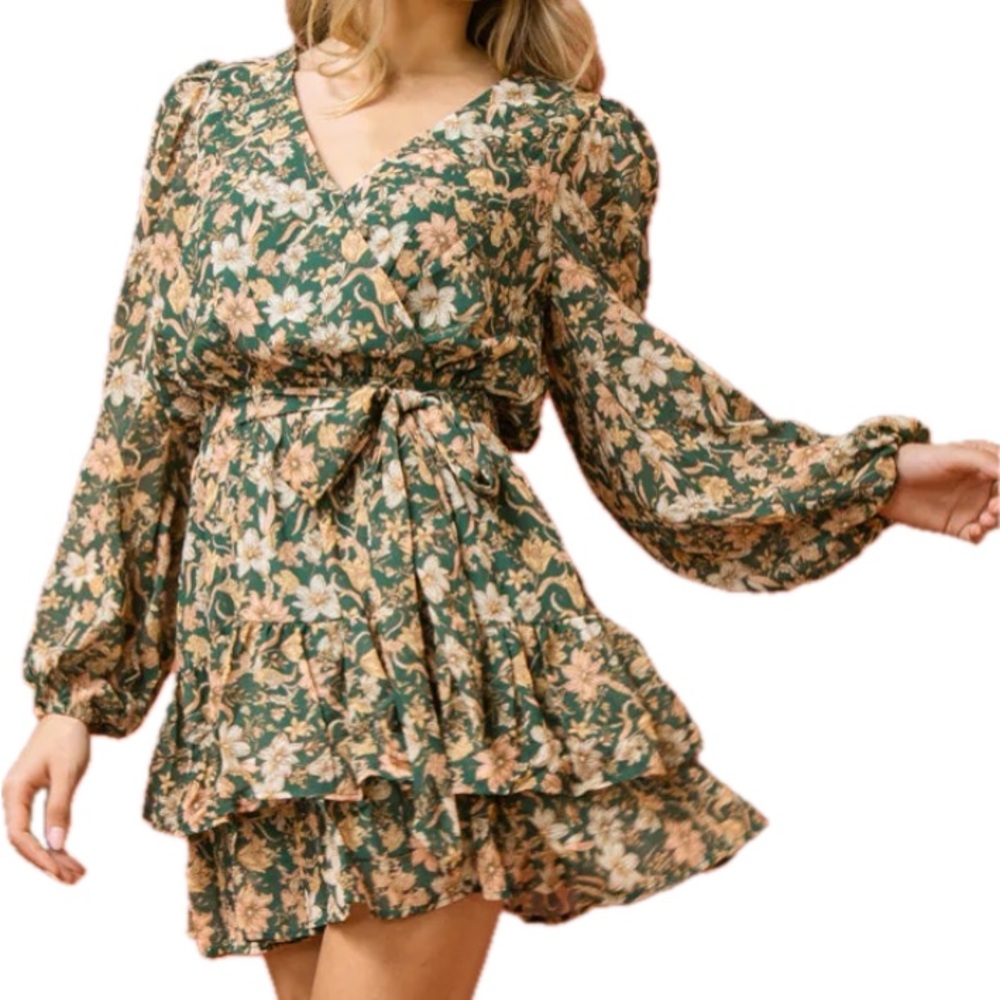 Flying Tomato Olive Floral Long Sleeve Dress
